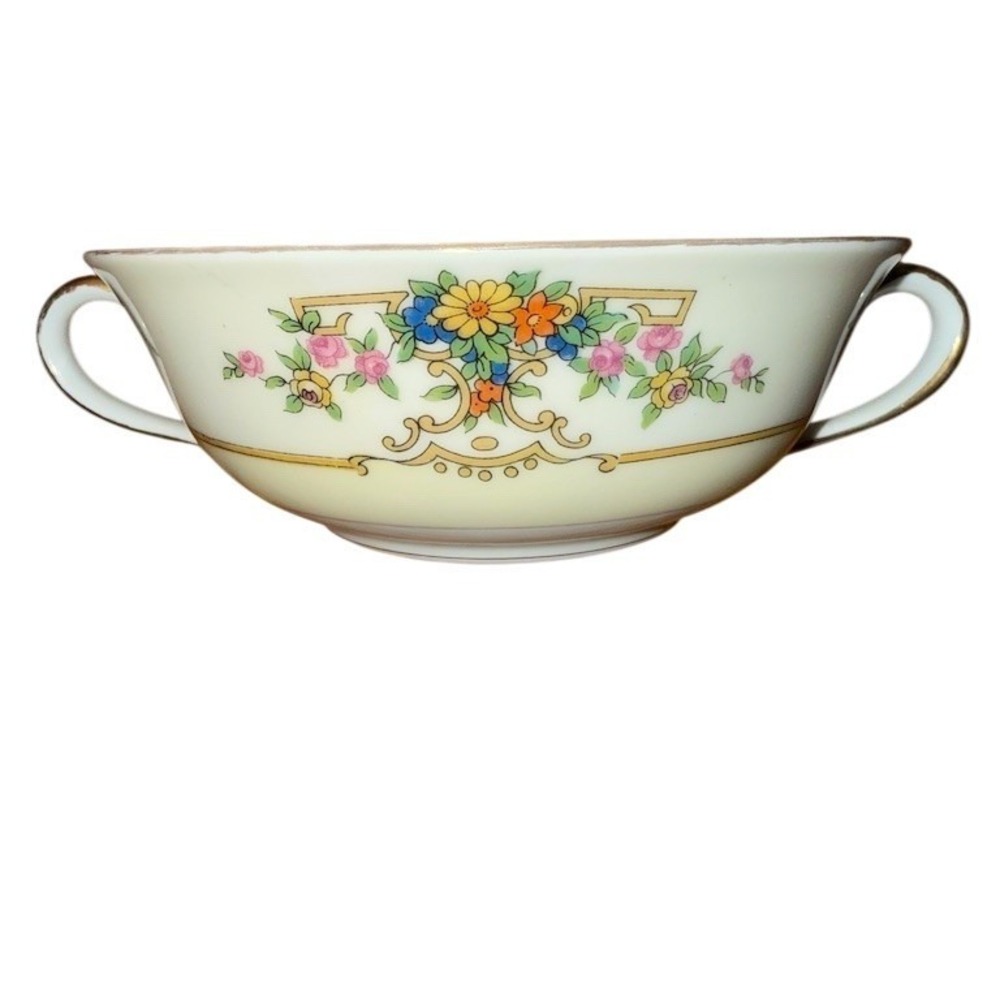 Noritake Renovia Cream Soup Bowl Floral Gold Trim Double Handle 6" vintage 50's